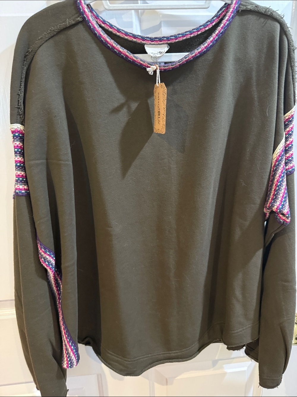 NATURAL LIFE Olive Green Top with Pink & Purple Trim